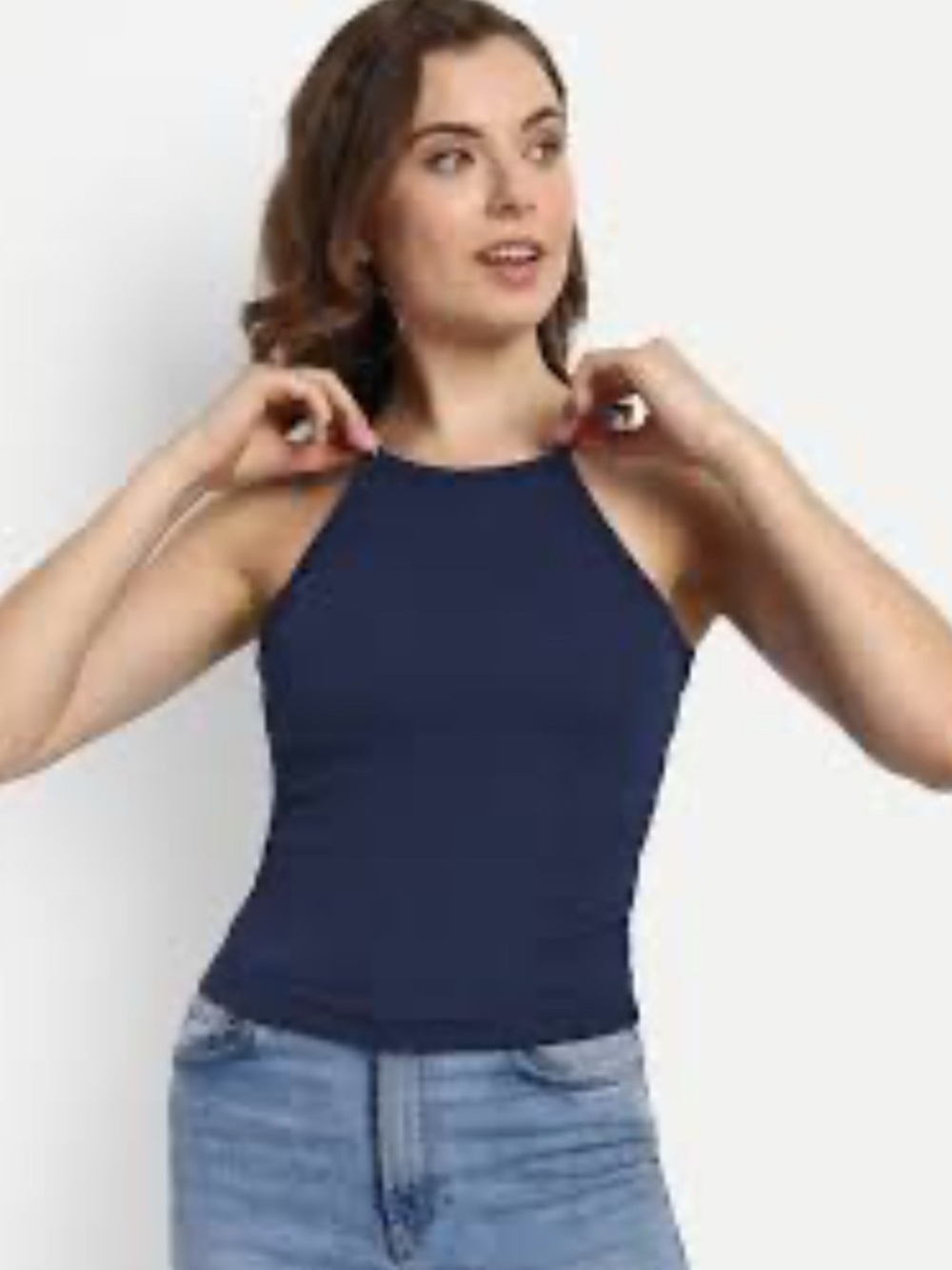 Aveto Solid Navy High Neck Sleeveless Pullover Stretchy Halter Tank Top